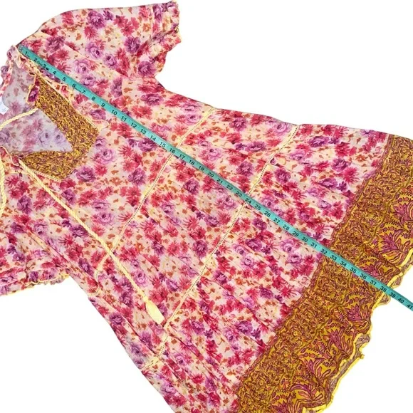 Sundance Fields of Beauty Dress Pink Yellow Tiered Tassel Tie Midi Size Large - Picture 14 of 14